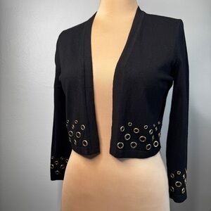 Vintage Calvin Klein Black Open Cropped Cardigan Jacket Gold Grommet Rivet Small